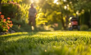 A homeowner uses a garden hose to water a green backyard lawn on a sunny summer morning.